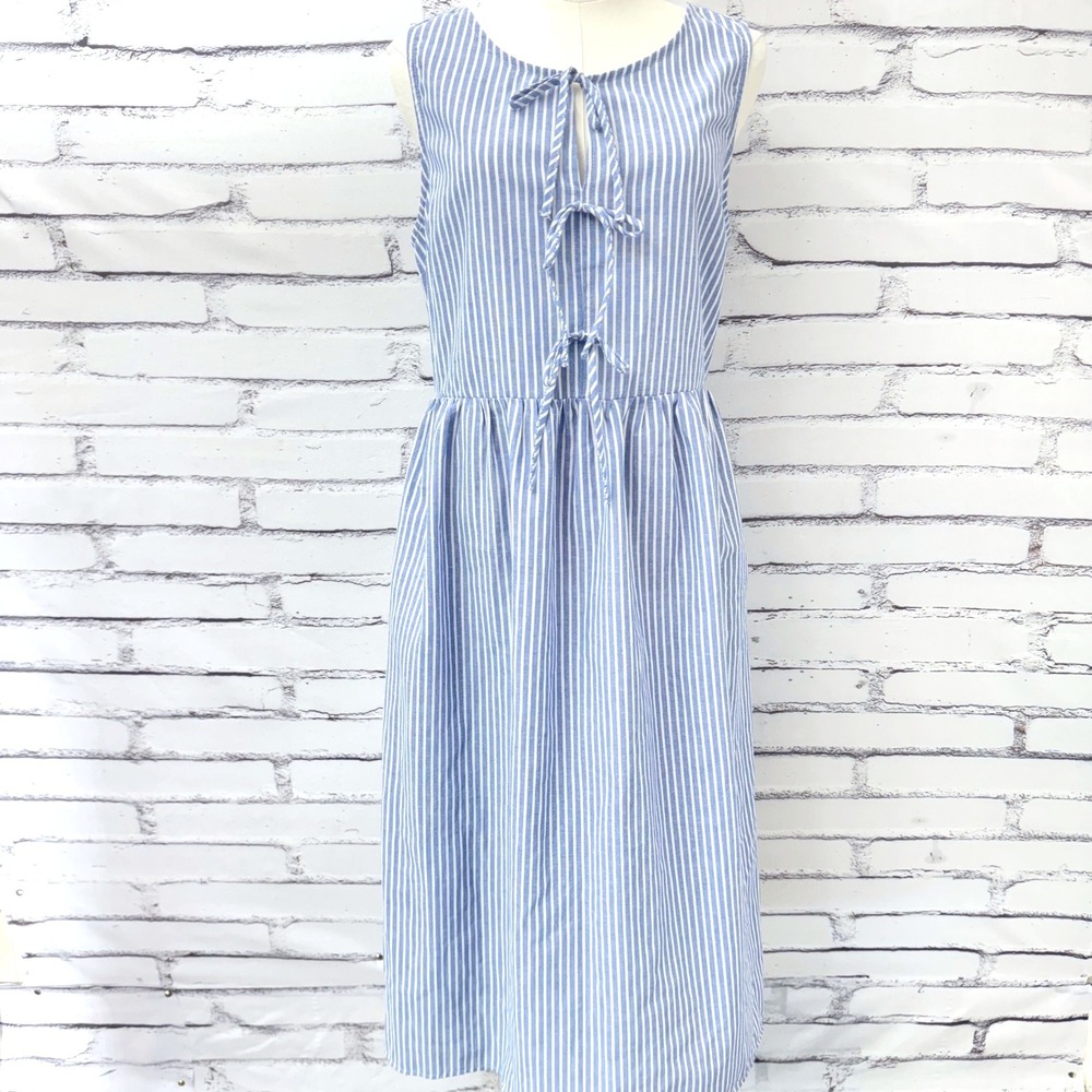 Monteau Los Angeles Blue White Striped Tie Front Midi Dress Womens Large